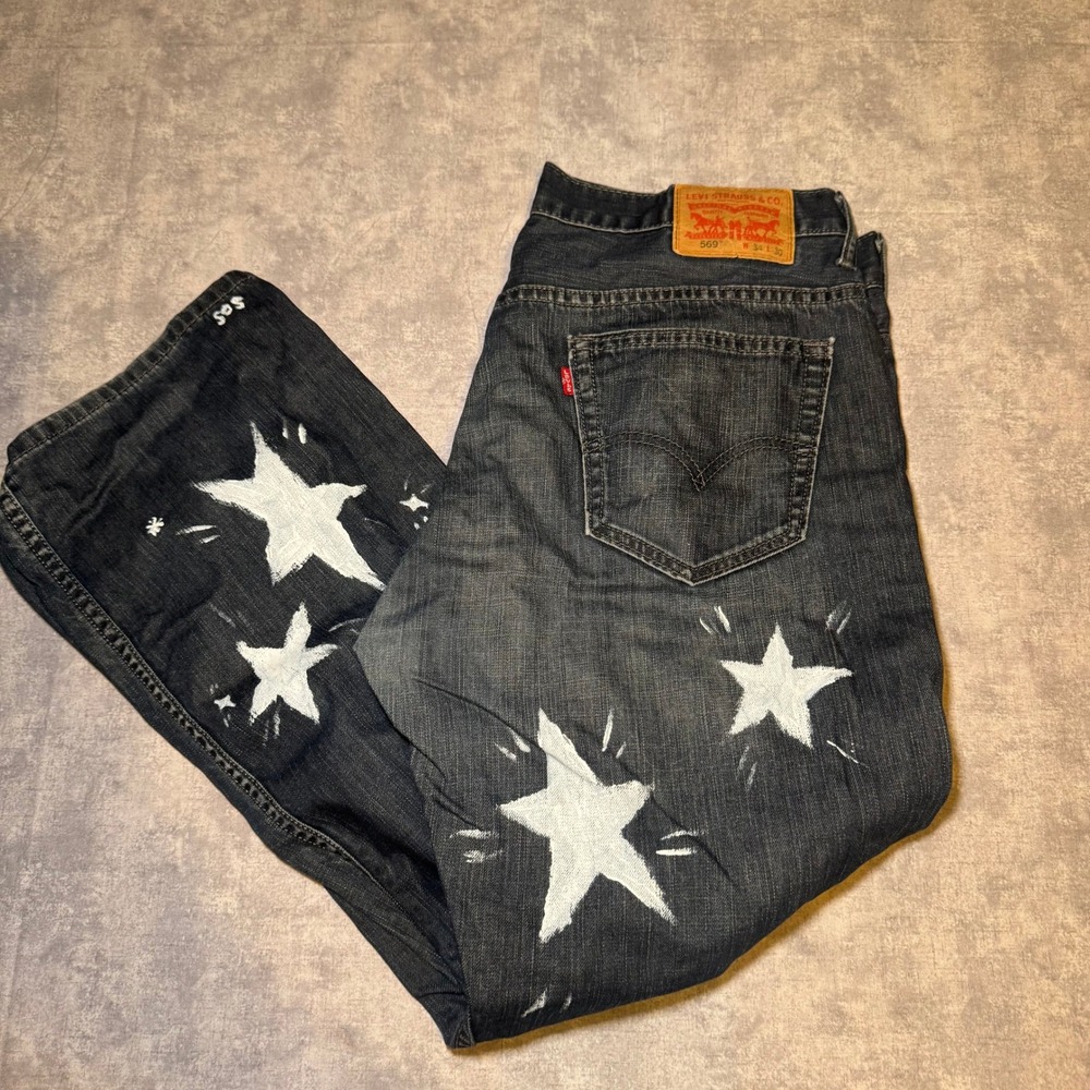 Levis 569 Loose Straight Jeans Mens 34x30 Dark Wash Hand Painted Stars Custom